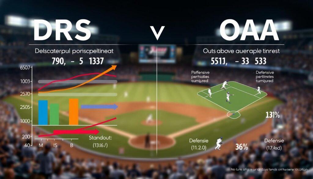 A detailed, professional infographic illustrating DRS (Defensive Runs Saved) and OAA (Outs Above Average) metrics for baseball defense, featuring a sleek, modern design. In the foreground, display color-coded arrows and graphs representing player statistics, with highlighted sections showing standout performances and defensive miscues. The middle layer includes stylized baseball field diagrams, showcasing players in motion, capturing key defensive plays along with digital overlays of stats. In the background, a blurred baseball stadium filled with energetic fans, illuminated by soft stadium lights, creates a dynamic atmosphere. The overall mood conveys analytical insight with a focus on performance trends, ensuring clarity and professionalism throughout the image. No text or watermarks present, with an emphasis on clean, informative visuals.