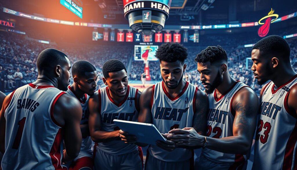 A dynamic scene depicting the Miami Heat bench players during a game analysis. In the foreground, several bench players in the team's home jerseys are engaged in focused discussions, analyzing play dynamics on a tablet. The players, portrayed in professional athletic poses, exhibit concentration and determination. In the middle ground, the basketball court is visible, with the game in progress, showcasing the electric atmosphere of the arena. Warm lighting highlights the players’ expressions, while cool blue tones reflect the intensity of the game. The background features cheering fans and the vibrant Miami Heat logo, enhancing the excitement. The image encapsulates the strategic essence of basketball analytics and bench impact, with a professional tone.