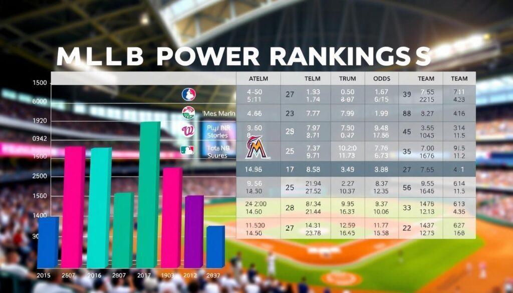 A dynamic visualization of Major League Baseball (MLB) power rankings, prominently featuring a chart displaying team rankings and playoff odds. In the foreground, sleek, colorful bars represent different teams, with the Miami Marlins highlighted in a vibrant teal. In the middle ground, a scoreboard-style background depicts team logos and statistics, ensuring clarity and organization. The background consists of a soft-focus baseball stadium with cheering fans, evoking excitement and anticipation. The lighting is bright and energetic, simulating the atmosphere of a sunny game day. The image is framed in a wide angle to capture all elements while maintaining a professional appearance, making it suitable for an analytical sports article.