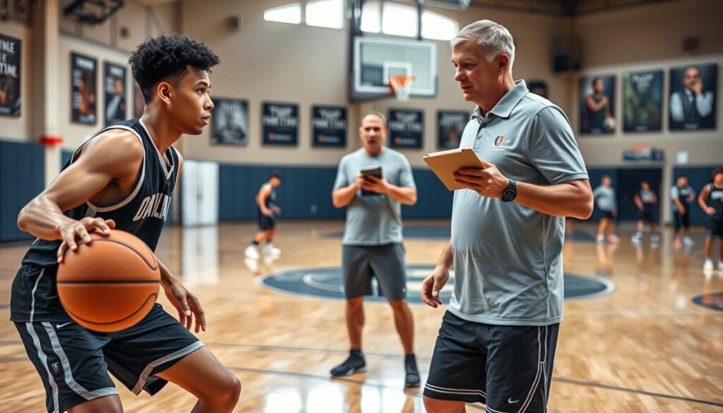 A dynamic basketball scene focusing on skill development in a professional training environment. In the foreground, a young male guard showcases a pick-and-roll move, wearing a modern basketball jersey and shorts, executing a precise dribble while reading his options. A seasoned coach, dressed in a professional polo and athletic shorts, observes closely with a clipboard in hand, positioned to offer guidance. In the middle ground, a defender attempts to anticipate the guard’s next move, emphasizing the tactical nature of the game. The background features a well-lit indoor gym with polished wooden floors and motivational posters, with a soft focus on other players practicing. The atmosphere is energetic and focused, capturing the essence of mentorship and skill refinement in basketball.
