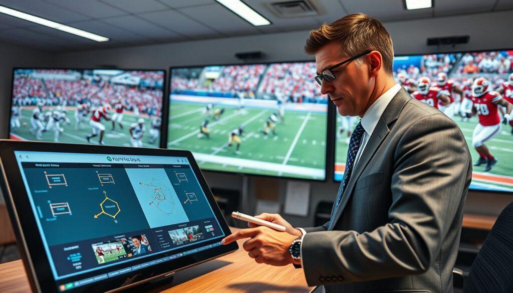 A dynamic film breakdown scene in a bright, high-tech sports analysis room. In the foreground, a sleek touchscreen display showcases detailed play diagrams and video clips of six standout football plays, highlighted for scouts. The middle features a focused, professional scout in business attire, intently analyzing the footage, jotting down notes, and pointing towards the screen. The background displays large LED screens with action shots of Florida football players in motion, surrounded by strategy boards and sports paraphernalia. The lighting is bright yet focused, creating an analytical atmosphere with a hint of excitement. The camera angle is slightly tilted, drawing attention to the scout while keeping the screens in sharp focus, suggesting a deep dive into player performance.