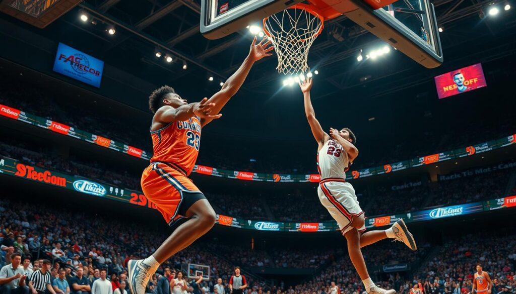 A dynamic scene capturing an elite rim protector contesting a shot during a high-stakes basketball game. In the foreground, a tall, athletic player in a professional basketball jersey and shorts, fully focused, leaps towards the basket, arms outstretched to block the shot. His muscular frame and intense expression convey determination. The middle ground features an opposing player in a shooting pose, mid-air, attempting a layup, with a look of concentration. The background shows an engaged crowd in a well-lit arena, with blurred cheering fans and vivid team colors creating a sense of excitement. The lighting is bright and dramatic, highlighting the athletes' movements. The perspective is slightly low-angle, emphasizing the height and athleticism involved in the contest for the shot. The overall mood is intense and energetic, embodying the spirit of competition.