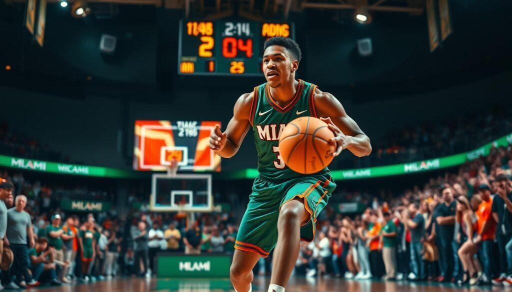 A dynamic scene featuring a Miami Hurricanes basketball player in action, showcasing their shot creation skills during a clutch moment in a game. The player, dressed in the team's official colors of green and orange, dribbles a basketball with intense focus. The foreground captures the athlete mid-movement, muscles tense, with a determined expression on their face. In the middle, a cheering crowd in a vibrant basketball arena adds energy, with fans wearing Miami apparel. The background features a brightly lit scoreboard displaying the game score and time, enhancing the atmosphere of urgency. The lighting highlights the player's figure, while a shallow depth of field keeps the focus on them, creating an inspiring, motivational mood that emphasizes rising talent and sportsmanship.