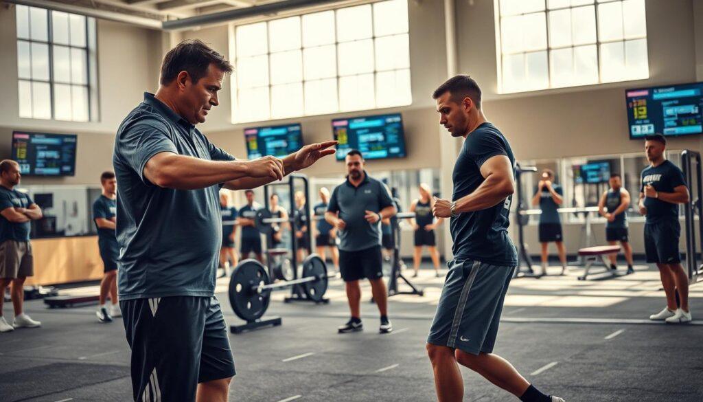 An athletic training facility filled with dedicated coaches and analysts working with college athletes. In the foreground, a skills coach is demonstrating a complex drill to a focused athlete practicing agility and balance, both dressed in athletic wear. The middle ground showcases a strength and conditioning area with athletes lifting weights, monitored by a professional trainer providing guidance. In the background, analysts are observing performance metrics on high-tech screens, creating an atmosphere of innovation and determination. Soft, natural lighting streams through large windows, illuminating the energetic focus and teamwork. The overall mood conveys motivation, discipline, and the commitment to excellence in athletic skill development. A wide-angle perspective captures the dynamic interactions within this inspiring environment.