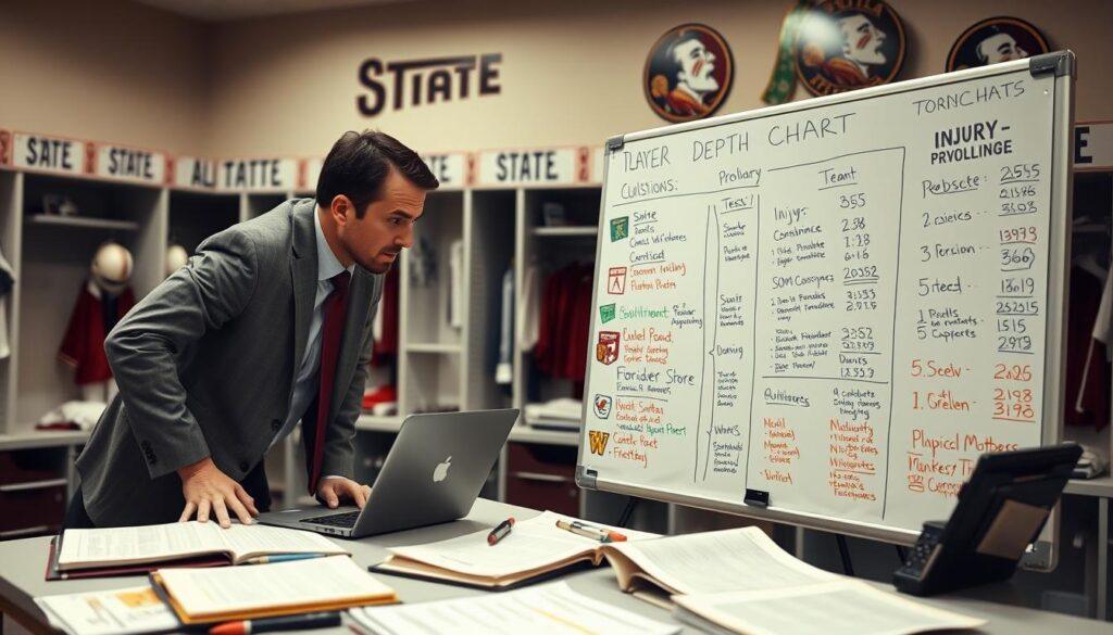 A college football depth chart analysis scene, featuring a detailed whiteboard covered in player names and statistics, with markers and diagrams illustrating injury contingency plans. In the foreground, a professional analyst in smart casual attire leans over the board, intently focused on the data, while a laptop displays player performance metrics. The middle ground includes a table with playbooks and scouting reports, creating a busy but organized workspace. The background reveals a vibrant team locker room, decorated with Florida State memorabilia. Soft, even lighting enhances the scene, creating a serious and analytical mood. The camera angle is slightly elevated, focused on the whiteboard, capturing the sense of urgency in planning for injuries and roster changes, conveying the depth of strategy involved in college football operations.