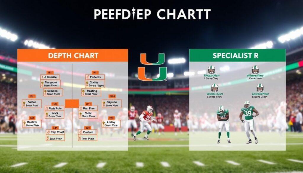 A detailed visual representation of the Miami Hurricanes football team's projected two-deep depth chart analysis, prominently featuring player positions organized into three main categories: Starter, Rotation, and Specialist. In the foreground, include a stylized graphic layout of the depth chart, showing player names and their respective roles, using vibrant team colors of orange and green to highlight their branding. The middle ground should depict subtle illustrations of players in action, wearing professional athletic gear, emphasizing teamwork and competition. The background should present a blurred image of a football field under bright stadium lights, evoking an energetic and competitive atmosphere. The overall mood should inspire excitement and anticipation for the season's lineup, captured with a dynamic lens perspective that adds depth and movement.