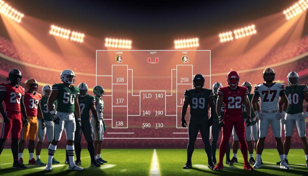 A dynamic digital illustration depicting a head-to-head recruiting defensive line depth chart projection for Miami, Florida, and FSU. In the foreground, clearly delineated player silhouettes in professional athletic gear represent each team, showcasing diverse heights and body types. The middle ground features a stylized depth chart with vibrant team colors and icons representing each university's logo. The background presents a blurred stadium setting, illuminated by dramatic stadium lights to evoke a competitive atmosphere. An overhead angle captures the strategic layout, with highlights casting long shadows for added depth. The overall mood should convey excitement and intensity, symbolizing the fierce recruiting battle among these top schools for elite talent.
