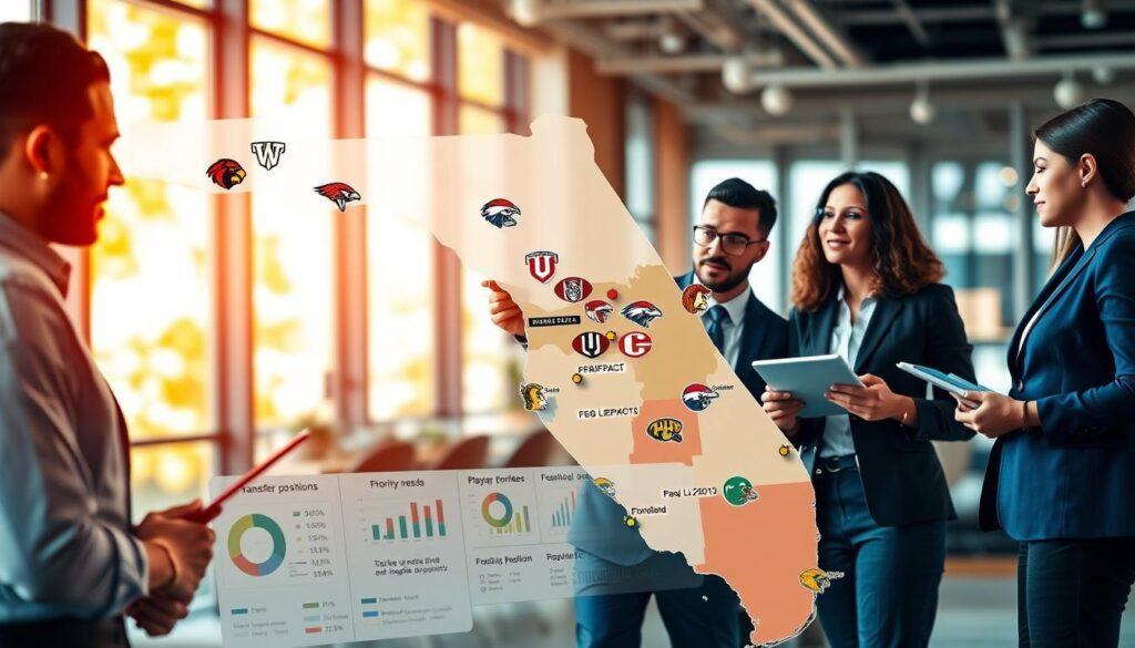 A dynamic scene showcasing an analysis of Florida's transfer portal commitments, featuring a large, detailed map of the state of Florida highlighted with football team logos and priority positions marked in vibrant colors. In the foreground, a diverse group of three professionals in smart business attire engage in discussion, pointing at the map and taking notes. The middle ground displays graphs and charts on digital tablets, illustrating player statistics, team needs, and potential impacts. The background features a blurred, modern office environment, with large windows letting in warm, natural light, creating an upbeat and focused atmosphere. The image conveys a sense of urgency and collaboration, embodying the strategic analysis of sports transfer dynamics.