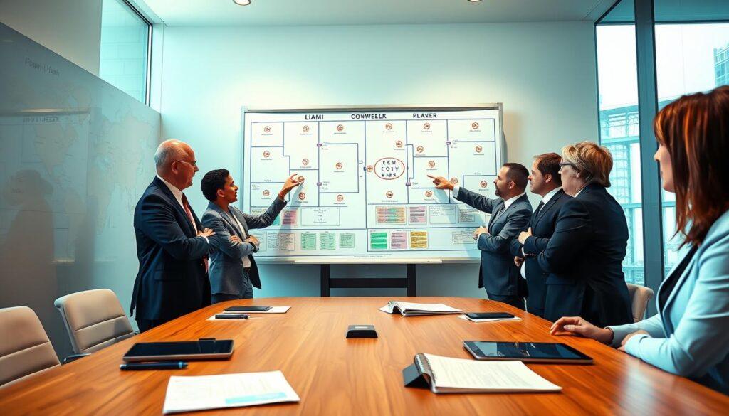 A well-organized Miami OV Weekend position room, featuring a large whiteboard filled with strategic plays and diagrams in vibrant colors. The foreground showcases a sleek wooden conference table with notepads and pens arranged neatly. In the middle, attentive coaches in professional business attire engage in discussion, pointing at the whiteboard, showcasing a sense of teamwork and strategy. The background features large windows allowing natural light to flood the room, highlighting the vibrant atmosphere. The lighting is bright and inviting, giving a sense of urgency and focus. A football playbook and digital tablets are subtly placed on the table, enhancing the professional environment. The mood is intense but collaborative, embodying strategic planning for the upcoming weekend's events.