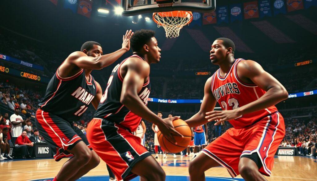 A dynamic basketball scene capturing the intense rivalry between the Miami Heat and New York Knicks. In the foreground, star players Alonzo Mourning and Patrick Ewing engage in a fierce play, showcasing their signature moves, wearing vibrant team jerseys. In the middle ground, Dwyane Wade and Jimmy Butler are seen cheering passionately from the sidelines, embodying the competitive spirit of the teams. The background features a packed arena, with fans wearing Heat and Knicks colors, creating an electric atmosphere. Bright arena lights illuminate the scene, casting dramatic shadows, while a wide-angle perspective highlights the action on the court, conveying the heated rivalry’s energy. The overall mood is charged and exhilarating, reflecting the history of this iconic matchup.