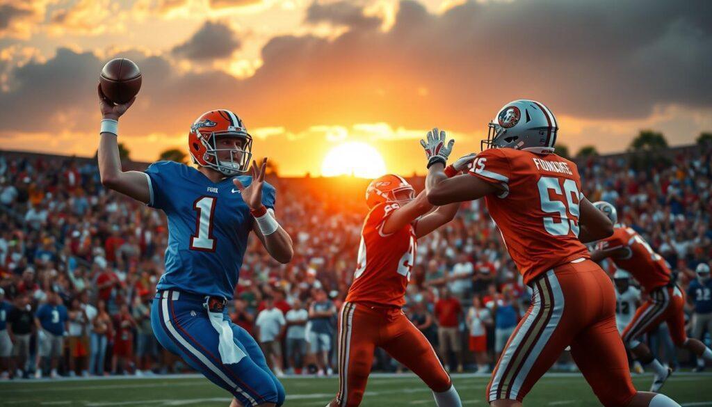 A dynamic scene capturing the intense Florida vs. Florida State football rivalry, featuring iconic Heisman-winning quarterbacks and their star receivers in action. In the foreground, a quarterback from Florida, wearing a bright blue jersey, launches a perfect spiral pass to a receiver in a vibrant orange uniform, showcasing the skill and precision that tilted games. The middle ground highlights an enthusiastic crowd of fans, clad in team colors, cheering under a brilliant sun setting in the background. The stadium lights begin to illuminate the field as a sense of excitement and competition fills the air. The focus is on the athletes’ intense expressions and athletic forms, while the background features the lush Florida landscape, with palm trees and dramatic skies, all captured with soft, warm lighting to create a vibrant and energetic atmosphere.