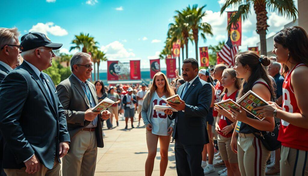 A dynamic scene depicting the fierce rivalry between Florida and Florida State during recruitment days, set on a college campus. In the foreground, a group of well-dressed coaches, showcasing professional attire, eagerly converses with prospective young athletes holding recruitment brochures. Their expressions reflect determination and excitement. In the middle ground, a lively backdrop features banners representing both teams, with excited fans wearing team colors, symbolizing their passionate support. The background captures a sunny Florida day with palm trees and a clear blue sky, creating an atmosphere of hope and competition. Soft lighting enhances the mood, casting gentle shadows and highlighting the enthusiasm. The angle showcases the interaction between coaches and recruits, emphasizing the significance of building future teams.