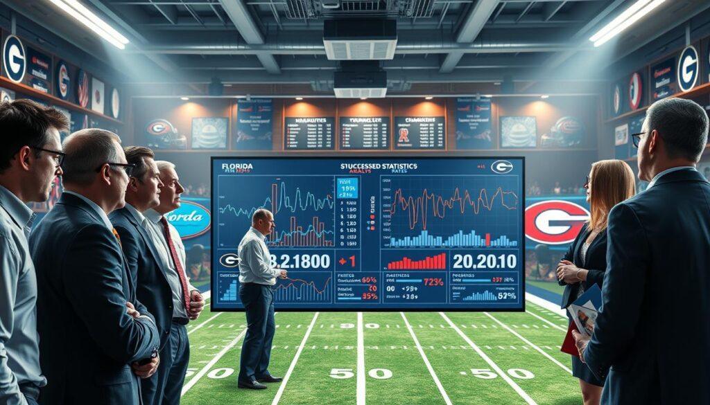 A dynamic sports analytics scene depicting advanced statistics analysis of the Florida-Georgia rivalry. In the foreground, a diverse group of professionals in business attire, including men and women, are engaged in a discussion around a large digital screen displaying intricate graphs, success rates, EPA metrics, and field position trends. The middle ground features a modern office space filled with sports memorabilia and team colors, enhancing the atmosphere. The background showcases a stylized rendering of a football field intersected with data overlays. Lighting is bright and focused on the screen, creating a vibrant, analytical ambiance. The overall mood is intense and engaging, reflecting the passion for sports analytics and rivalry history.