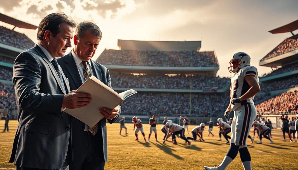 A dynamic scene capturing the intense atmosphere of an AFC East rivalry coaching era. In the foreground, two strategic coaches, dressed in tailored business attire, intensely discuss game strategies over a football playbook, their faces reflecting determination and rivalry. In the middle ground, a football field with dramatic lighting casts vivid shadows, showcasing both the Miami Dolphins and New England Patriots in action—players clad in their iconic uniforms participating in a pivotal game moment. The background features a packed stadium, with enthusiastic fans holding team banners, illuminated by the setting sun creating a golden hue. The mood is charged with competitive intensity, evoking a sense of historical significance and the chess-like nature of their long-standing rivalry.