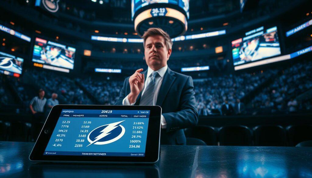 A dramatic post-game scene, depicting a Tampa Bay Lightning game recap area filled with dynamic visuals of odds and statistics for betting. In the foreground, a sleek tablet displays final scores and betting lines with a stylized Lightning logo. The middle ground features a well-dressed sports analyst in professional attire passionately discussing key highlights with a thoughtful expression, surrounded by colorful charts and graphs displaying metrics like money line (ML), point line (PL), and total closing numbers. In the background, soft arena lighting casts warmth, illuminating a cheering crowd and large screens showing the game highlights. Emphasize an atmosphere of excitement and analysis, with a color palette of deep blue and white, echoing the Tampa Bay Lightning team colors.