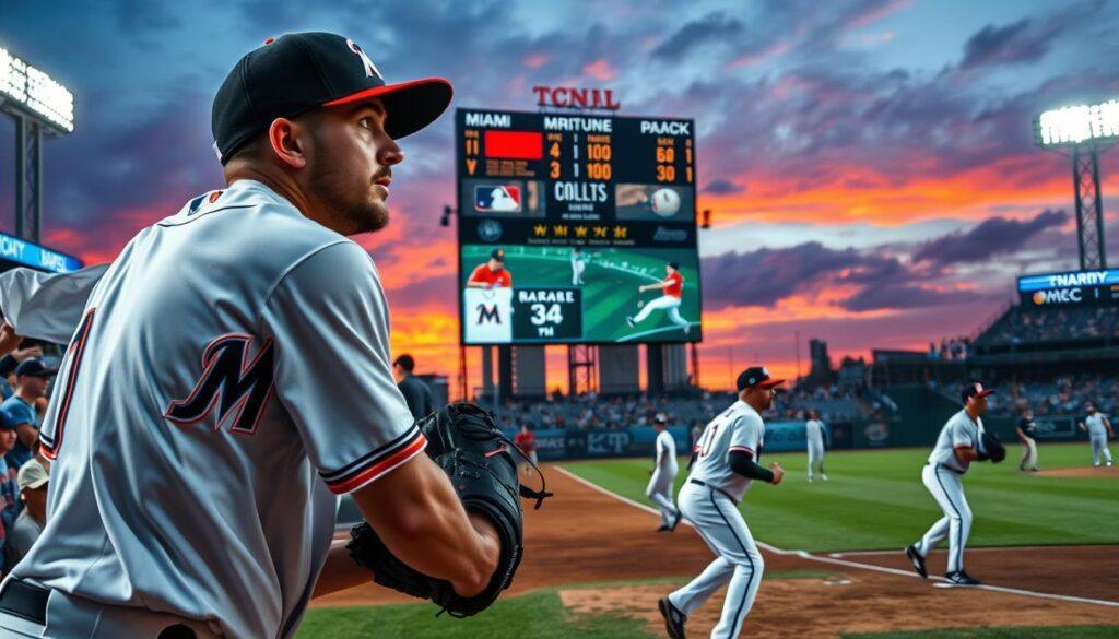 A dynamic and engaging scene showcasing a Miami Marlins baseball game setting, with players in professional baseball uniforms energetically preparing for a game. In the foreground, feature a close-up of a Marlins pitcher in mid-motion, capturing the intensity of their delivery, sweat glistening under stadium lights. The middle ground includes excited fans in the stands, some holding baseball paraphernalia, emphasizing the game's atmosphere. In the background, a vibrant sunset casts an orange and pink hue over the Miami skyline, creating a warm ambiance. Capture the detailed stadium environment, with a scoreboard displaying key statistics prominently. Use a wide-angle lens to emphasize the depth and energy of the scene, conveying an atmosphere of anticipation and excitement for the game ahead.