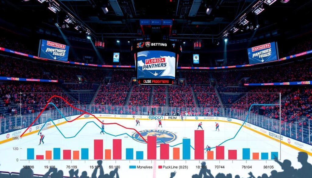 A dynamic and informative illustration showing betting trends for the Florida Panthers, focused on moneyline (ML), puck line (PL), and totals statistics. In the foreground, visualize a sharp, modern chart with colorful lines and bars representing various betting metrics, overlaid with a subtle grid. In the middle, depict an action-packed scene of a Florida Panthers game in an ice arena, filled with energetic fans in team colors, conveying excitement. In the background, integrate large scoreboard displays highlighting the Panthers’ recent performance statistics. Use bright, engaging lighting to create an electrifying atmosphere, shot from a slightly elevated angle to capture the essence of a live sports environment, emphasizing engagement and strategic insights in sports betting.