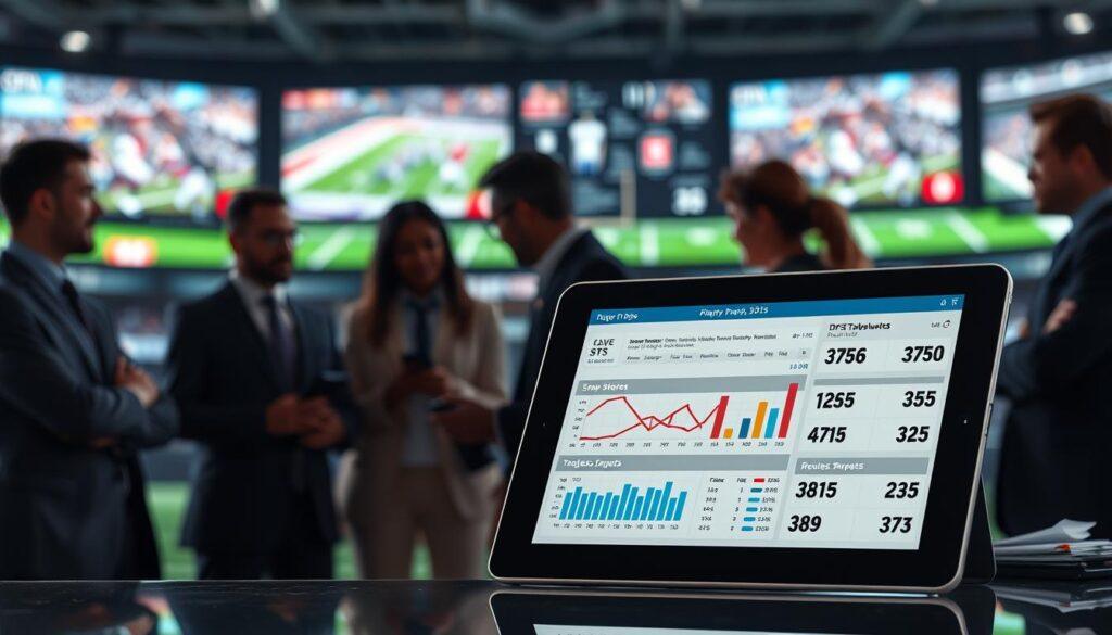 A dynamic and informative sports analysis scene depicting a digital dashboard filled with player stats and metrics. In the foreground, a sleek tablet displays graphs and figures illustrating key player props, DFS takeaways, and fantasy football insights, with numbers like snap shares, routes, targets, and air yards prominently featured. In the middle ground, blurred silhouettes of diverse sports analysts in professional attire, discussing strategies and taking notes. The background shows a high-energy sports environment with screens displaying a football game in action, providing a sense of immediacy and excitement. Soft, even lighting enhances clarity, with a focus on the tablet, creating a mood of analysis and expertise, all rendered in a realistic style without any text or logos.