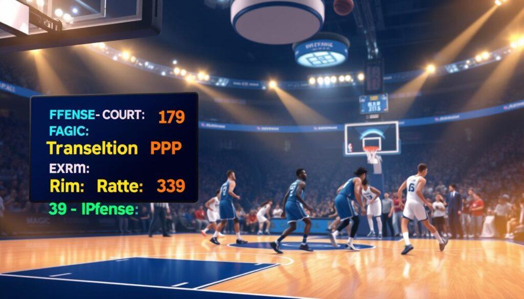 A dynamic digital illustration showcasing a basketball court scene, emphasizing the Orlando Magic's post-game analytics. In the foreground, feature a digital scoreboard displaying colorful statistics like "Offense Half Court", "Transition PPP", "PnR Frequency", "Rim Rate", and "3-Point Rate". The middle ground includes a stylized half-court view with players in professional basketball attire engaged in various offensive plays, showcasing teamwork and strategy. In the background, a cheering crowd and arena lights create an energetic atmosphere, with soft golden lighting accentuating the players and stats. The image should evoke a sense of competition and analysis, capturing the essence of a spirited post-game breakdown.