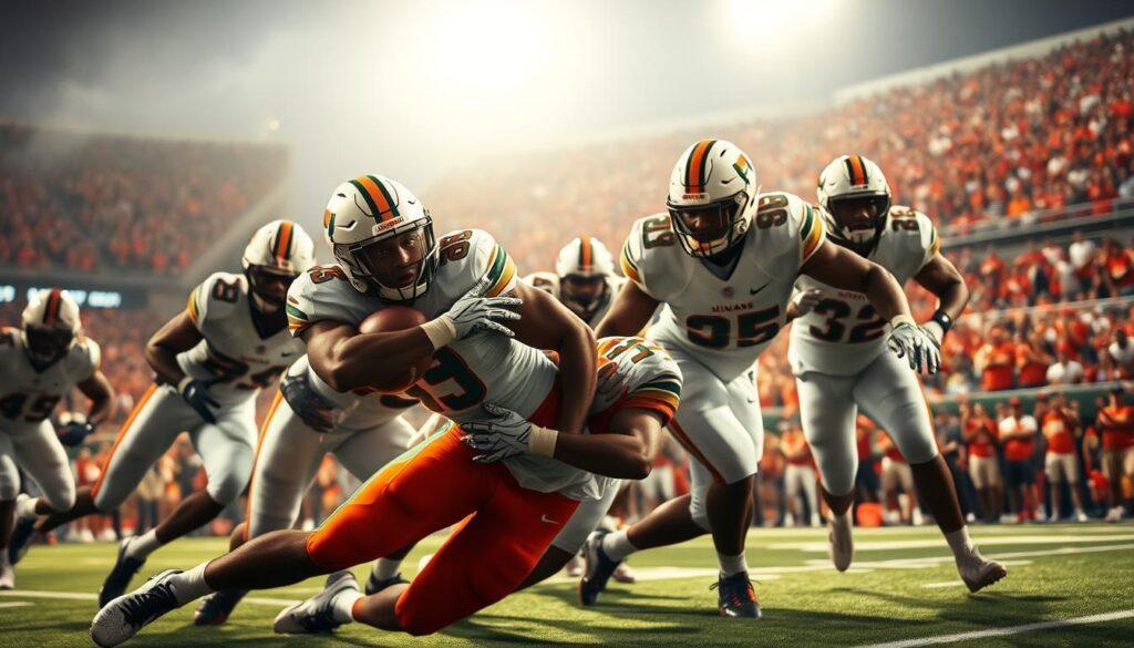 A dynamic football scene capturing the intensity of defensive pressure in a Miami Hurricanes game. In the foreground, a fierce defensive lineman in a sleek Hurricanes uniform explosively tackles the quarterback, illustrated with dramatic motion blur to emphasize speed and power. The middle ground features teammates providing crucial secondary coverage, their focused expressions showing determination and teamwork. Bright stadium lights illuminate the action, casting sharp shadows that enhance the gritty atmosphere. The background showcases the bustling crowd in vibrant team colors, evoking excitement and tension. Photographed from a low angle, accentuating the towering presence of the defenders and the urgency of the moment, this image encapsulates the essence of defensive strategy in football.