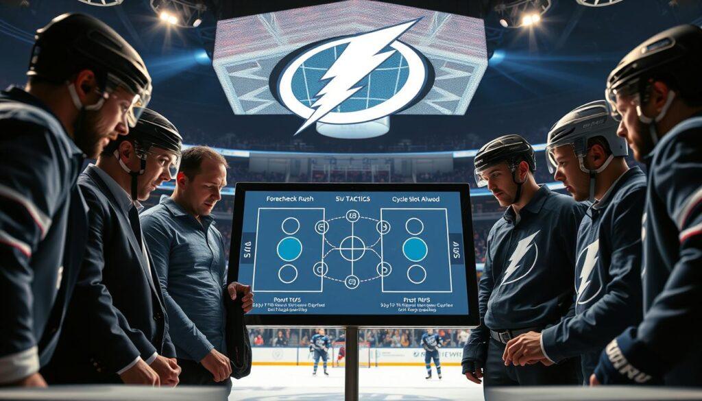 A dynamic post-game scene featuring the Tampa Bay Lightning players engaging in intense tactical discussions around a high-tech digital screen displaying advanced metrics like expected goals (xG) and shot types. In the foreground, several players in professional attire analyze plays with focused expressions, showcasing urgency and determination. The middle ground includes a sleek, illuminated digital board illustrating 5v5 tactics, with diagrams of forecheck rush versus cycle slot shots allowed. The background depicts the Tampa Bay Lightning logo proudly displayed on a vibrant, ice rink setting, with faint hints of cheering fans. Utilize dramatic lighting to highlight the players, creating a sense of urgency and competition, captured from a low-angle perspective to emphasize the intensity of the analysis. The overall atmosphere is one of strategic reflection and post-game analysis.