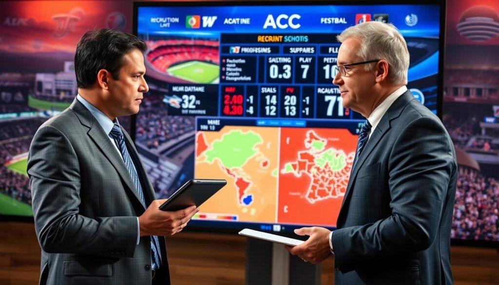 A dynamic sports analysis scene capturing the recruiting implications of an ACC game outcome. In the foreground, a focused sports analyst, dressed in a smart business attire, discusses the game highlights with a tablet in hand, showcasing player statistics and graphics. In the middle ground, a large flat-screen displays a vibrant, high-definition breakdown of key plays, player performance metrics, and maps of recruitment hotspots. The background features a collage of iconic ACC stadiums and team logos, emphasizing the conference's competitive landscape. The lighting is bright and professional, with a warm glow to create an inviting atmosphere. Shot from a slightly elevated angle for depth, the scene exudes an analytical yet energetic mood, illustrating the crucial link between game outcomes and future recruiting efforts.