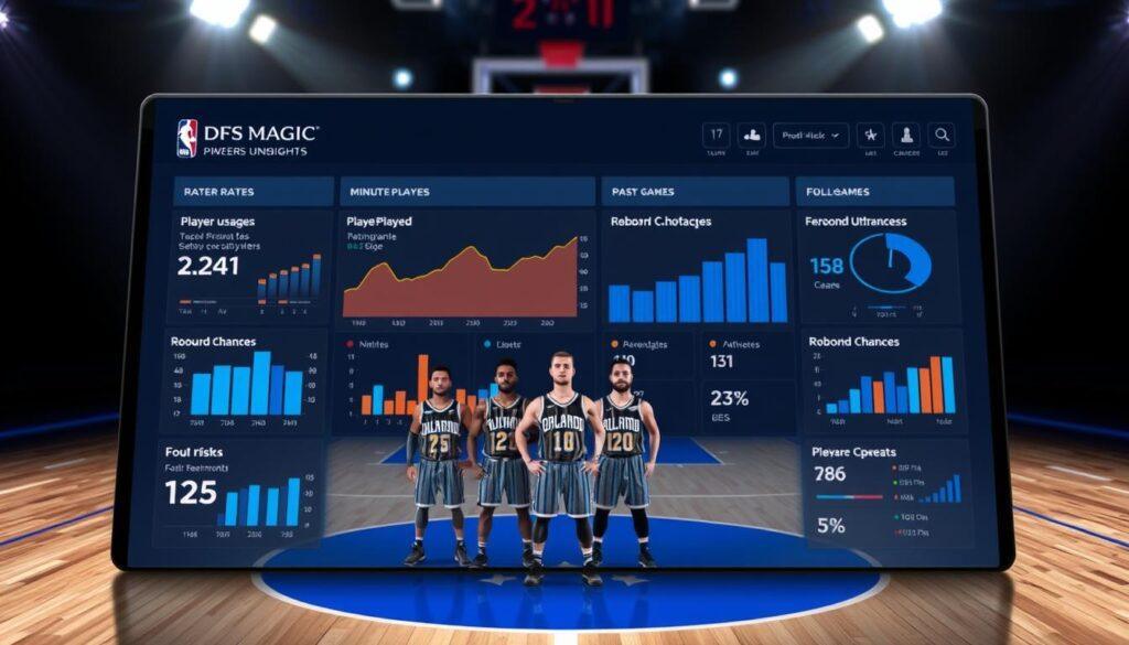 A dynamic visual representation of DFS usage insights focusing on the Orlando Magic's post-game statistics. Foreground features a sleek digital dashboard displaying key metrics like player usage rates, minutes played, rebound chances, and foul risks, represented through vibrant graphs and charts. The middle layer includes stylized icons or avatars of Orlando Magic players, dressed in professional team uniforms, positioned beside the metrics they influence. The background is an abstract basketball court, softly illuminated with dramatic lighting to emphasize the data without distraction. The overall atmosphere is analytical and focused, conveying a sense of professionalism and sports insight, ideal for a detailed analysis in a sports article.