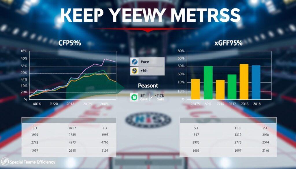 A highly detailed infographic showcasing key hockey metrics, specifically CF% and xGF%, to illustrate team performance. The foreground features sleek, modern graphs with vibrant colors, representing the statistics visually with line and bar graphs. In the middle ground, include stylized icons representing "Pace" and "Special Teams Efficiency” along with concise, easy-to-understand visuals. The background consists of a subtle hockey rink design, lightly blurred to maintain focus on the metrics. The lighting is bright, highlighting the data for clarity, with emphasis on contrasting colors for readability. The overall atmosphere conveys professionalism and analytical depth, suitable for a sports analysis article. No text, logos, or watermarks are included, ensuring a clean presentation.