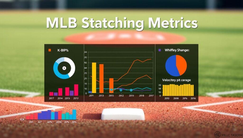 A visually stunning infographic representing MLB Statcast pitching metrics, showcasing a blend of data visualizations such as K-BB%, pitch mix, velocity changes, whiff rates, and ground ball percentage. In the foreground, vibrant bar graphs and pie charts display key statistics, with contrasting colors to emphasize differences in metrics. The middle section features a sleek, modern design with dynamic lines and arrows illustrating pitch velocity changes. The background is a blurred baseball field, subtly indicating the sport's context while maintaining focus on the data. Soft, natural lighting creates a professional atmosphere, capturing the essence of analytical precision in baseball metrics. The composition conveys a sense of excitement and insight, perfect for an analytical sports recap.