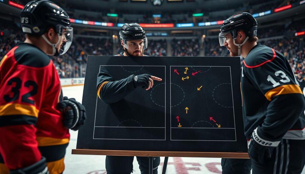 A detailed hockey analysis scene showcasing a defensive zone coverage strategy. In the foreground, a tactical chalkboard diagram displays player formations and movement arrows in bright colors. In the middle, a group of four hockey players, dressed in professional uniforms, is engaged in a training session, discussing strategies with focused expressions. One player points at the board, while others take notes. The background features an ice rink with a slightly blurred crowd, creating a dynamic sports atmosphere. The image is well-lit with natural arena lighting, highlighting the players and the board. The perspective is from a low angle, emphasizing the intensity of the players’ engagement. The overall mood is focused and strategic, embodying the essence of teamwork and preparation in hockey.