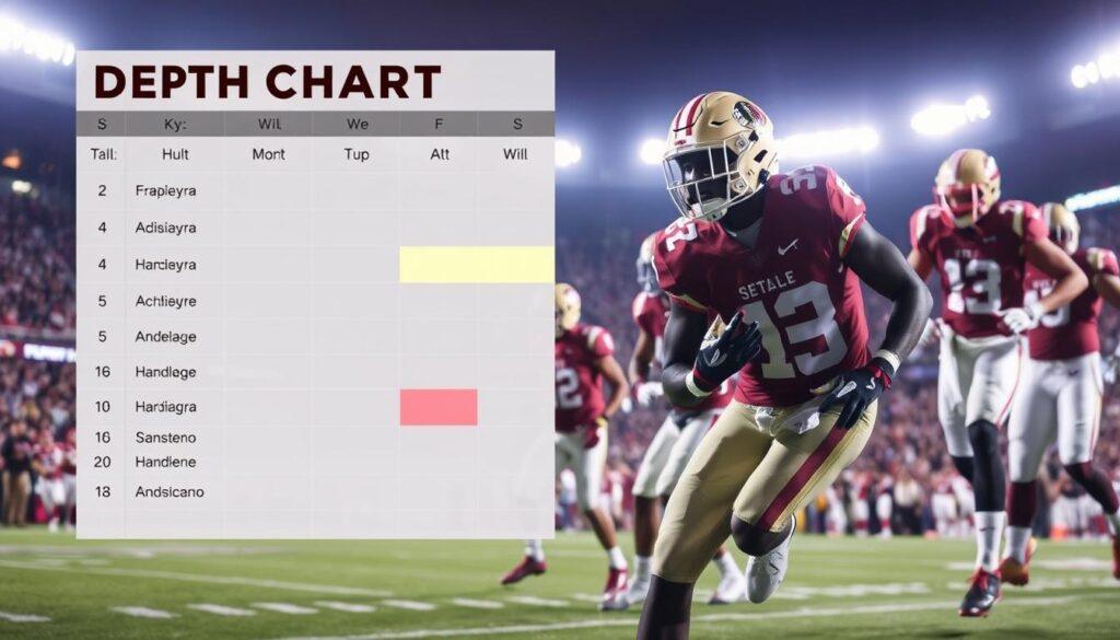 A detailed illustration of a Florida State Seminoles football team's depth chart changes, focusing on player positions and key injuries. In the foreground, a digital representation of the depth chart, showcasing player names and positions with highlighted areas indicating injured players. In the middle, action shots of players in professional athletic gear, showing determination and focus during a game, with some illustrating dynamic movements. The background features a blurred view of the football field under stadium lights, creating an intense game atmosphere. The lighting is dramatic and emphasizes the players' determination, while capturing a sense of urgency and anticipation among fans in the stands. The overall mood conveys excitement and seriousness of game analysis.