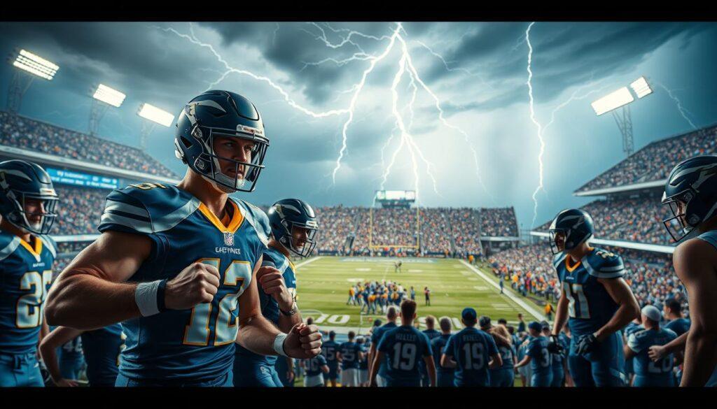 A dramatic scene depicting a division rivalry match between two lightning-themed sports teams. In the foreground, fierce athletes in professional sports attire demonstrate their intensity, muscles tensed and expressions focused. The middle ground features an electrified tension among the fans, with vibrant team colors and passionate expressions. In the background, a thunderstorm brews, illuminating the field with jagged bolts of lightning that create a sense of urgency and excitement. Soft lighting highlights the athletes, while a wide-angle lens captures the dynamic atmosphere of the stadium filled with cheering crowds. The overall mood is charged with competitive spirit and anticipation, showcasing the fierce rivalry and the strategy at play.