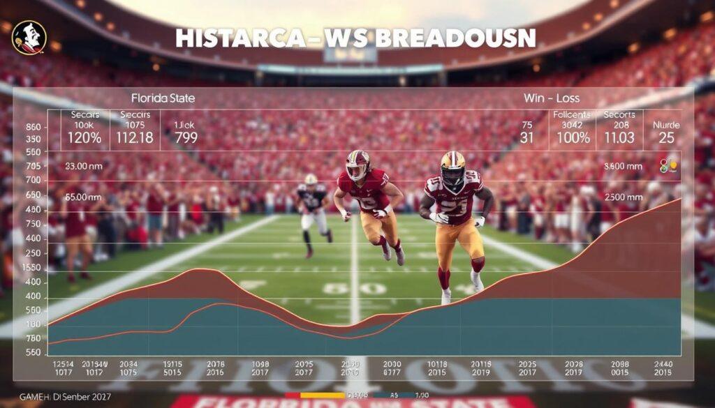 A dynamic and visually engaging scene illustrating the historical head-to-head breakdown of Florida State football. In the foreground, a detailed graph displaying game statistics, win-loss records, and key moments, with a focus on vibrant colors that highlight Florida State’s achievements. The middle layer features a stylized representation of football players in action poses, wearing the team's colors, showcasing determination and competition. In the background, a blurred stadium setting filled with cheering fans, bathed in warm evening light, creating an energetic atmosphere. The angle should be slightly elevated, capturing both the intensity of the game and the significance of the data. The overall mood is triumphant and inspiring, reflecting Florida State's rich football history.