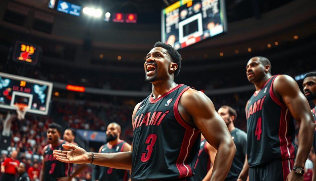 A dynamic basketball scene featuring Jimmy Butler, a tall, athletic African American male in a Miami Heat jersey, passionately leading his teammates during an intense NBA game. In the foreground, Butler is captured mid-gesture, emphasizing his role as a communicator and motivator, with teammates listening attentively, all in professional sports attire. The middle ground shows a packed arena with fans in Heat colors, creating an electric atmosphere. In the background, the scoreboard lights up, reflecting the game’s high stakes. Use dramatic lighting to highlight Butler’s expression, focusing on the intensity of his leadership. The angle is slightly upward, emphasizing Butler's presence as a leader, with a shallow depth of field to create a sense of depth and focus on the leadership moment. The overall mood is inspiring and intense, showcasing teamwork and determination.