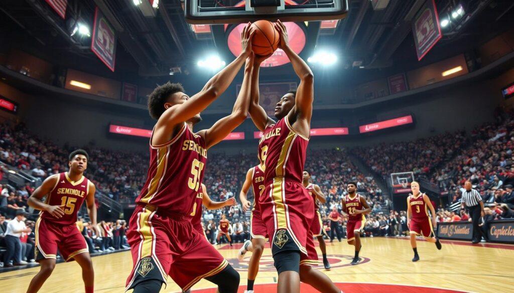 A dynamic basketball scene showcasing the Seminole basketball team in a high-intensity defensive play during a game. In the foreground, a player in garnet and gold jerseys, focused and determined, is executing a strategic block against an opposing player making a drive to the basket. The middle ground features a tense atmosphere with teammates positioned to rebound the ball, displaying strong body language and concentration. The background captures a vibrant crowd in a well-lit arena, with bright spotlights highlighting the players, creating an energized, competitive mood. Use a wide-angle perspective to emphasize the action and intensity of the moment, with vivid colors to convey excitement and focus on teamwork.