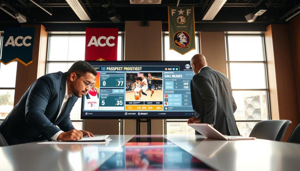 A dynamic scene illustrating an ACC basketball draft prospect analysis, featuring a diverse group of three analysts in professional business attire, intently discussing a large digital screen displaying player stats and game highlights. In the foreground, the analysts lean over a table with notes and tablets. The middle ground showcases the digital screen with vibrant graphics and charts illustrating player performance metrics. In the background, a stylish sports conference room with banners of the ACC and FSU, light streaming from large windows creating a bright, focused atmosphere. Use a shallow depth of field to emphasize the analysts while softening the background. Capture a serious yet engaging mood that highlights the intensity of the NBA draft prospect spotlight.